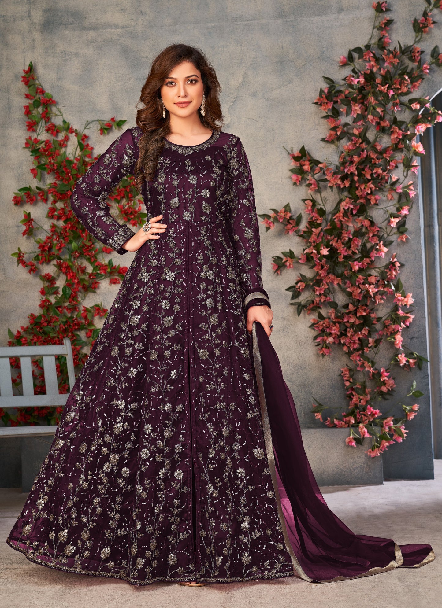 Wine Embroidered Butterfly Net Semi Stitched Anarkali Suit