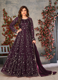 Wine Embroidered Butterfly Net Semi Stitched Anarkali Suit