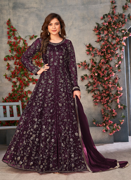 Wine Embroidered Butterfly Net Semi Stitched Anarkali Suit