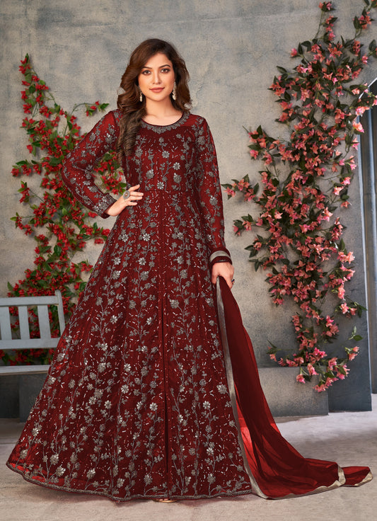 Maroon Embroidered Butterfly Net Semi Stitched Anarkali Suit