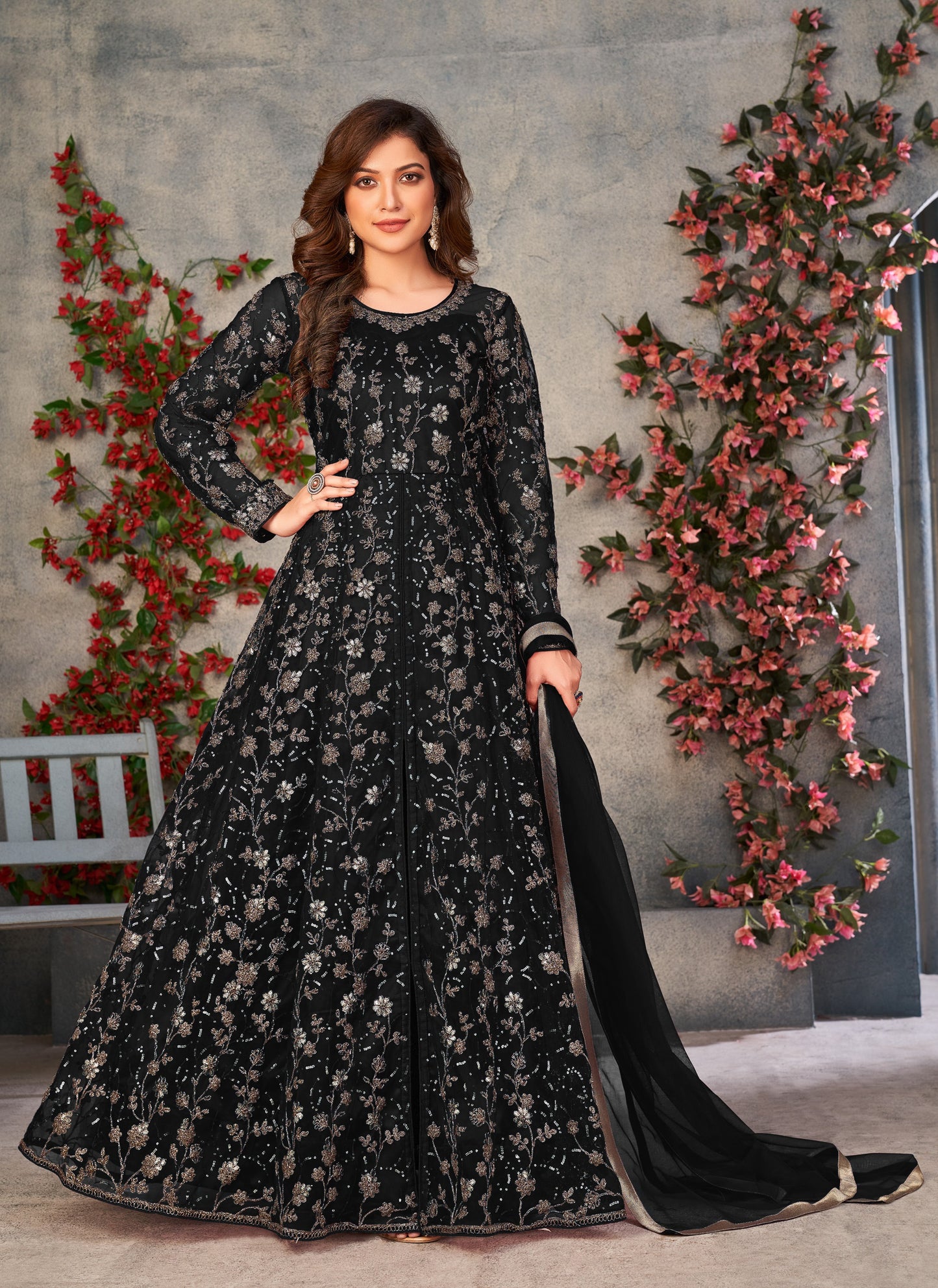 Black Embroidered Butterfly Net Semi Stitched Anarkali Suit