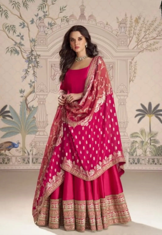 Red Vichitra Silk Anarkali Suit with Embroidery Sequence Work (Free Size)