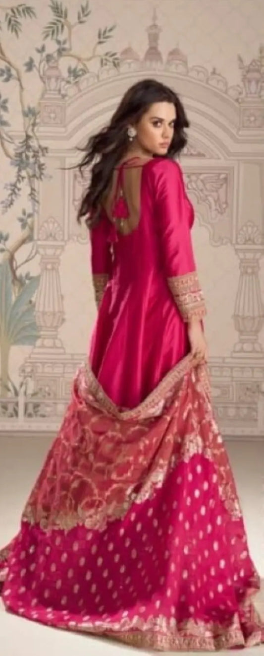 Red Vichitra Silk Anarkali Suit with Embroidery Sequence Work (Free Size)