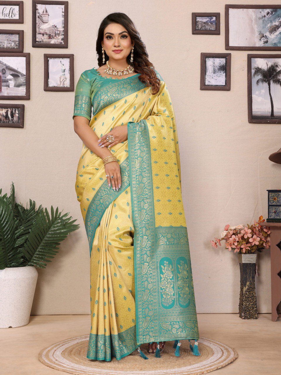 yellow tissue silk saree with weaving Zari work