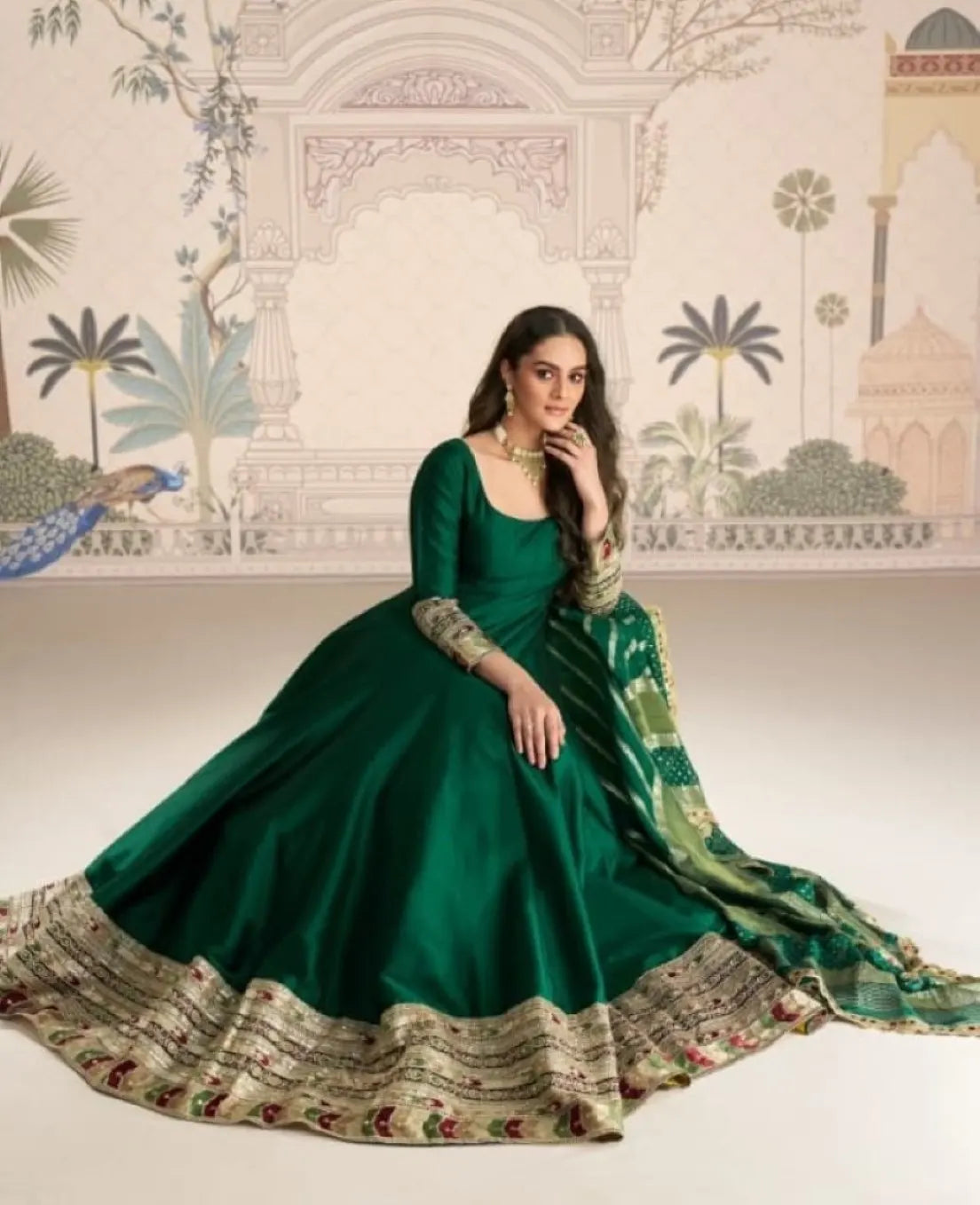 D Green Vichitra Silk Anarkali Suit with Embroidery Sequence Work (Free Size)