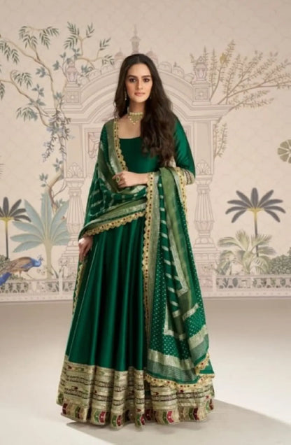 D Green Vichitra Silk Anarkali Suit with Embroidery Sequence Work (Free Size)
