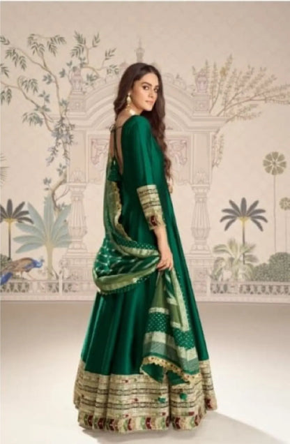 D Green Vichitra Silk Anarkali Suit with Embroidery Sequence Work (Free Size)