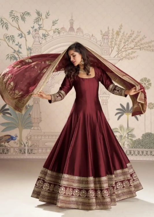Maroon Vichitra Silk Anarkali Suit with Embroidery Sequence Work (Free Size)