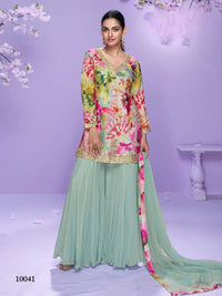 Sea Green Chinon Readymade Plazzo Suit with Digital Embroidery Work