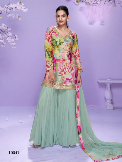 Sea Green Chinon Readymade Plazzo Suit with Digital Embroidery Work