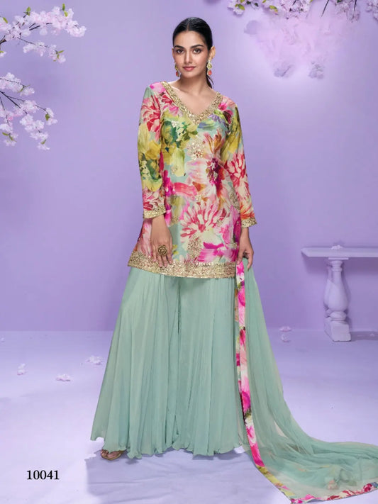 Sea Green Chinon Readymade Plazzo Suit with Digital Embroidery Work