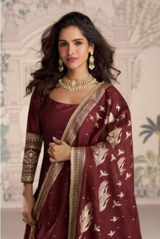 Maroon Vichitra Silk Anarkali Suit with Embroidery Sequence Work (Free Size)