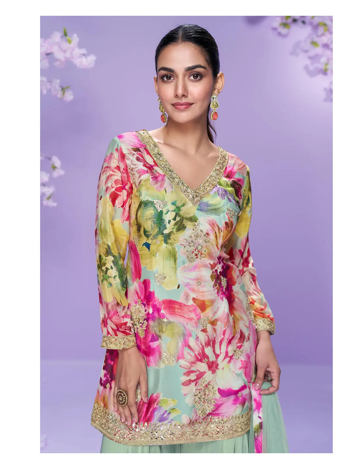 Sea Green Chinon Readymade Plazzo Suit with Digital Embroidery Work