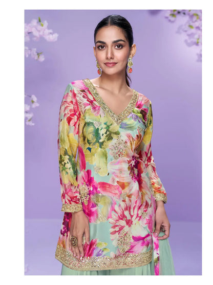 Sea Green Chinon Readymade Plazzo Suit with Digital Embroidery Work