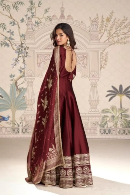 Maroon Vichitra Silk Anarkali Suit with Embroidery Sequence Work (Free Size)