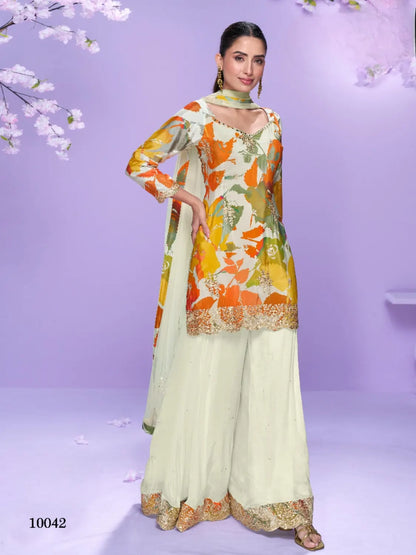 White Chinon Readymade Plazzo Suit with Digital Embroidery Work