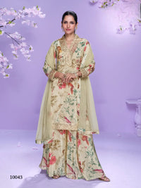 Cream Chinon Readymade Plazzo Suit with Digital Embroidery Work