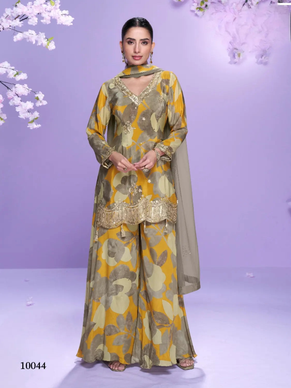 Yellow Chinon Readymade Plazzo Suit with Digital Embroidery Work