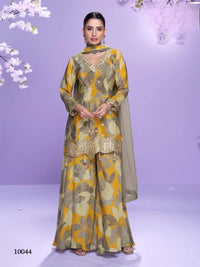 Yellow Chinon Readymade Plazzo Suit with Digital Embroidery Work