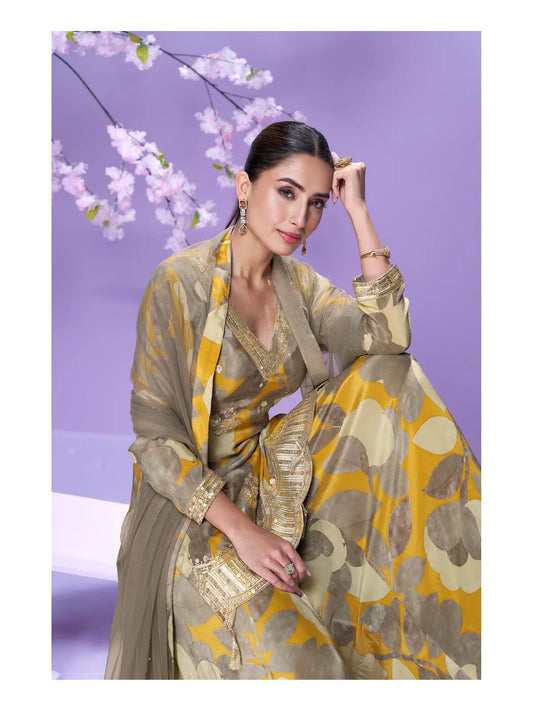 Yellow Chinon Readymade Plazzo Suit with Digital Embroidery Work