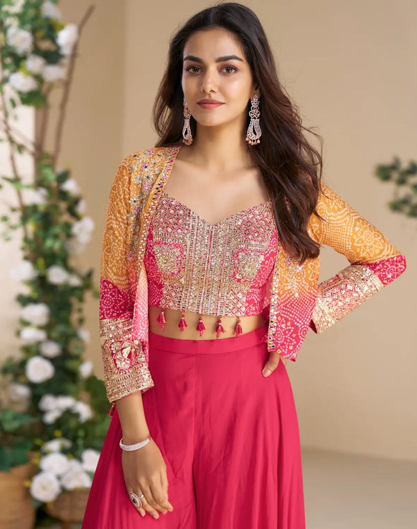 Magenta heavy chinon silk readymade 3 piece set with sequence & mirror work