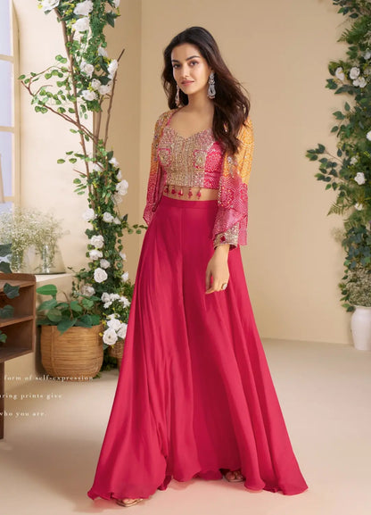 Magenta heavy chinon silk readymade 3 piece set with sequence & mirror work