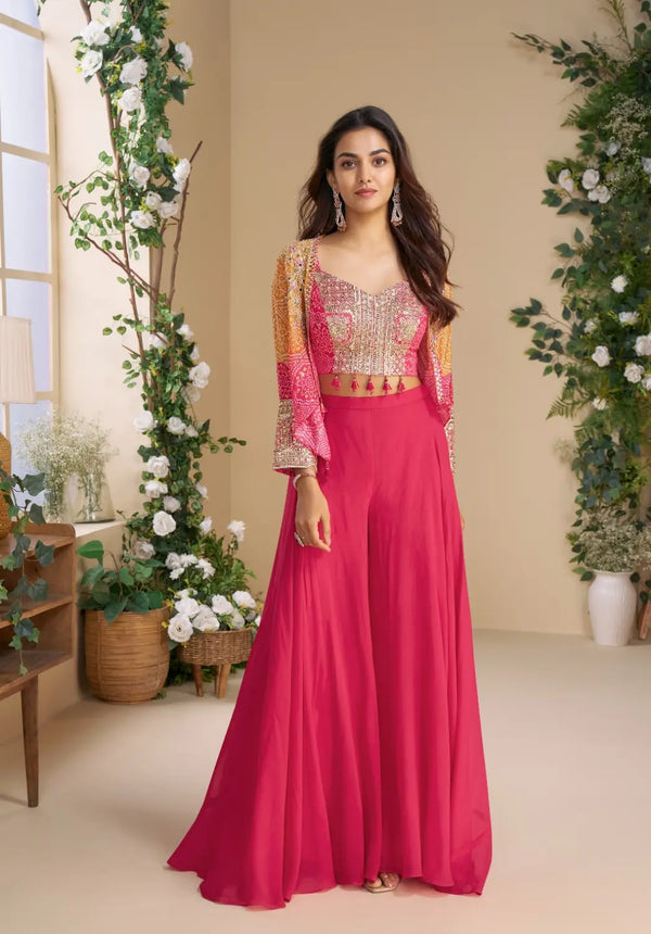 Magenta heavy chinon silk readymade 3 piece set with sequence & mirror work
