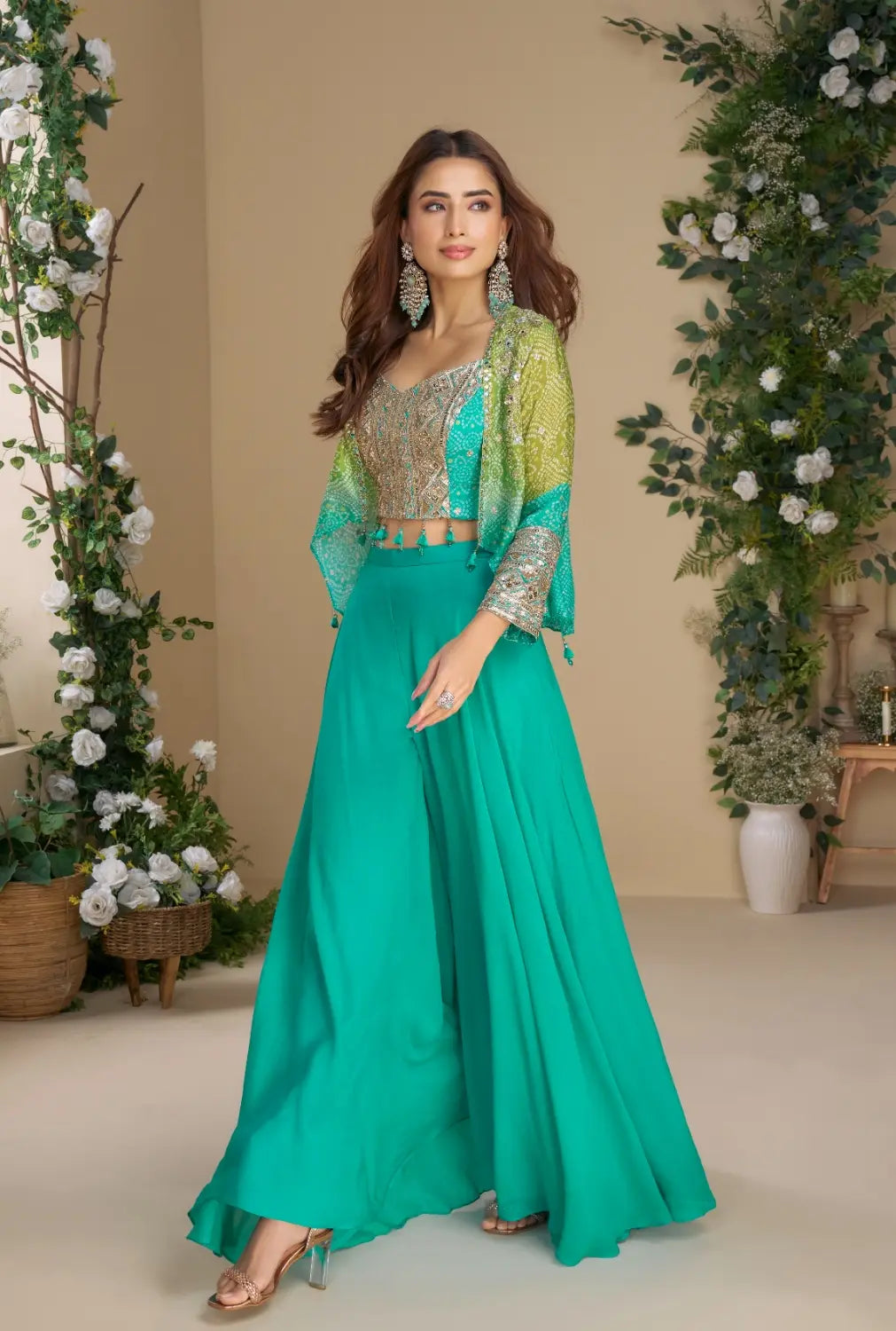 Teal Blue heavy chinon silk readymade 3 piece set with sequence & mirror work