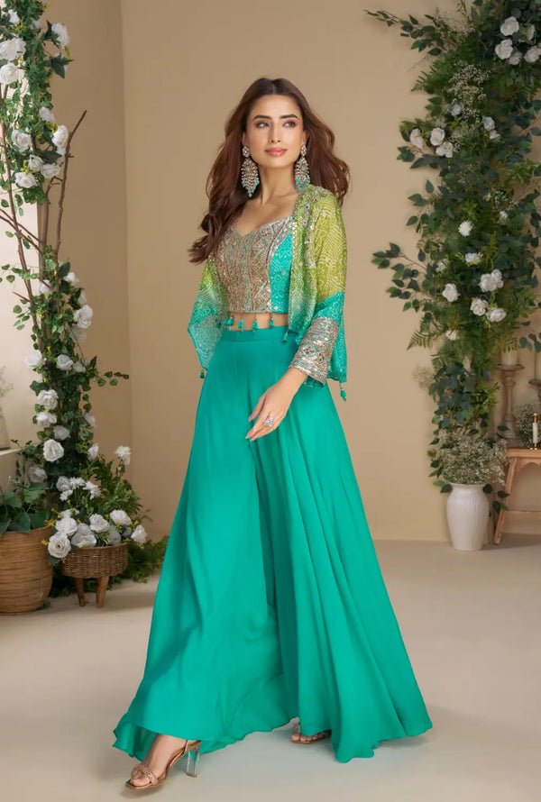 Teal Blue heavy chinon silk readymade 3 piece set with sequence & mirror work