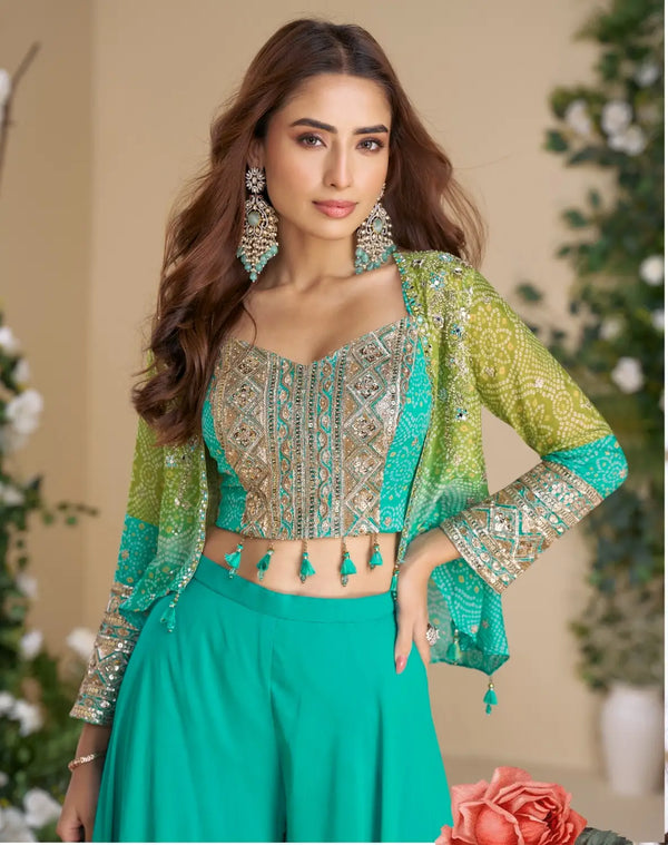 Teal Blue heavy chinon silk readymade 3 piece set with sequence & mirror work