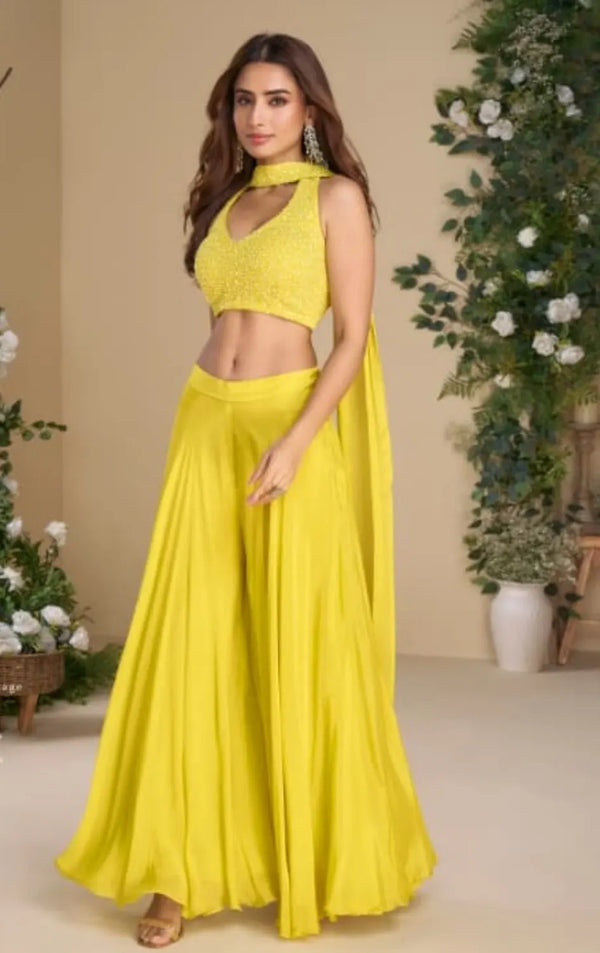 Yellow Heavy Chinon Free Size Stitched 3 Piece Set With Sequence & Mirror Work