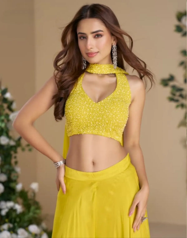 Yellow Heavy Chinon Free Size Stitched 3 Piece Set With Sequence & Mirror Work