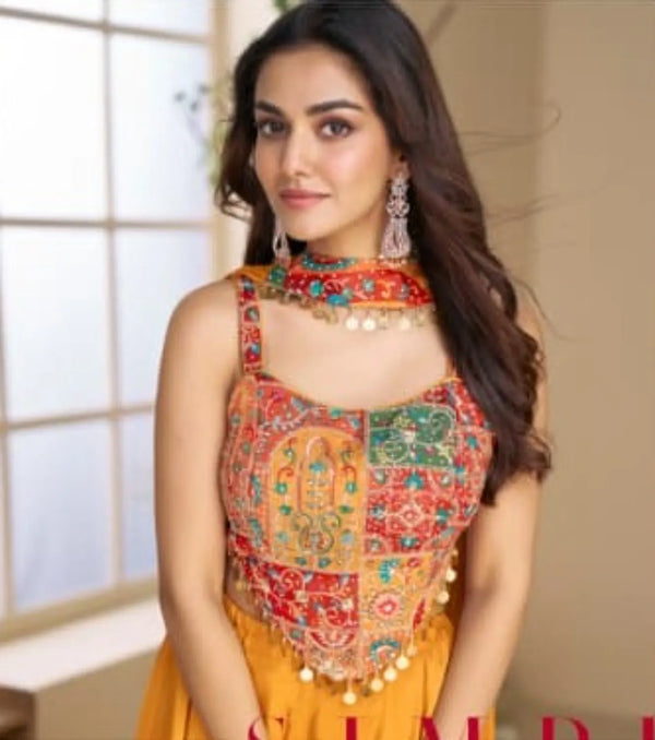 Orange Heavy Chinon Free Size Stitched 3 Piece Set With Sequence & Mirror Work