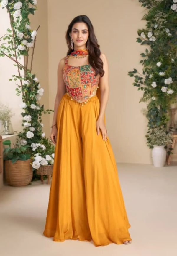 Orange Heavy Chinon Free Size Stitched 3 Piece Set With Sequence & Mirror Work