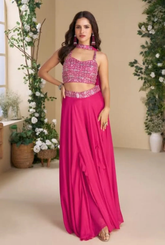 Magenta Heavy Chinon Free Size Stitched 3 Piece Set With Sequence & Mirror Work