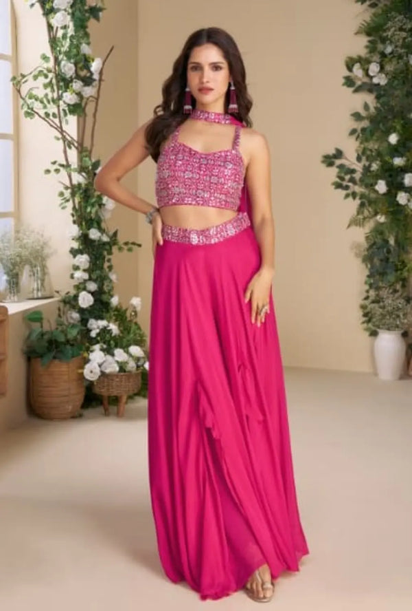 Magenta Heavy Chinon Free Size Stitched 3 Piece Set With Sequence & Mirror Work