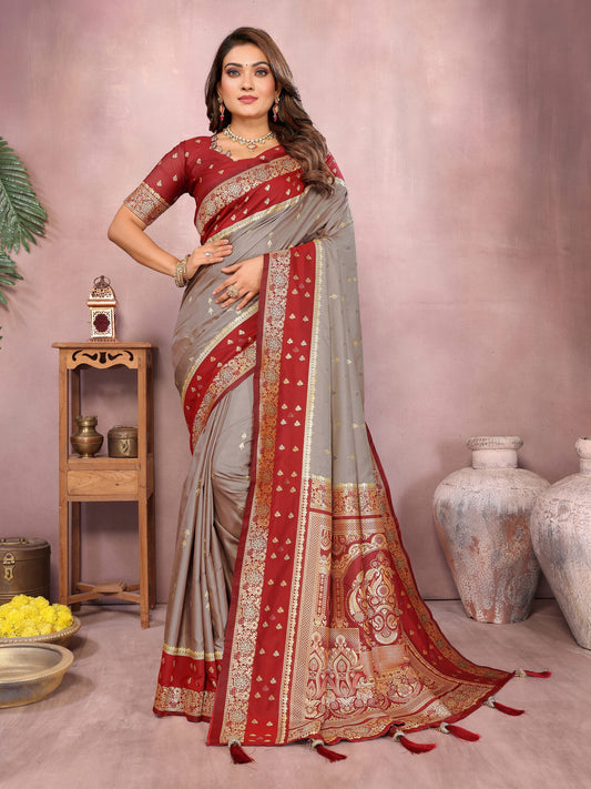 Grey Handloom Kalamkari Silk Saree with Zari Woven Work