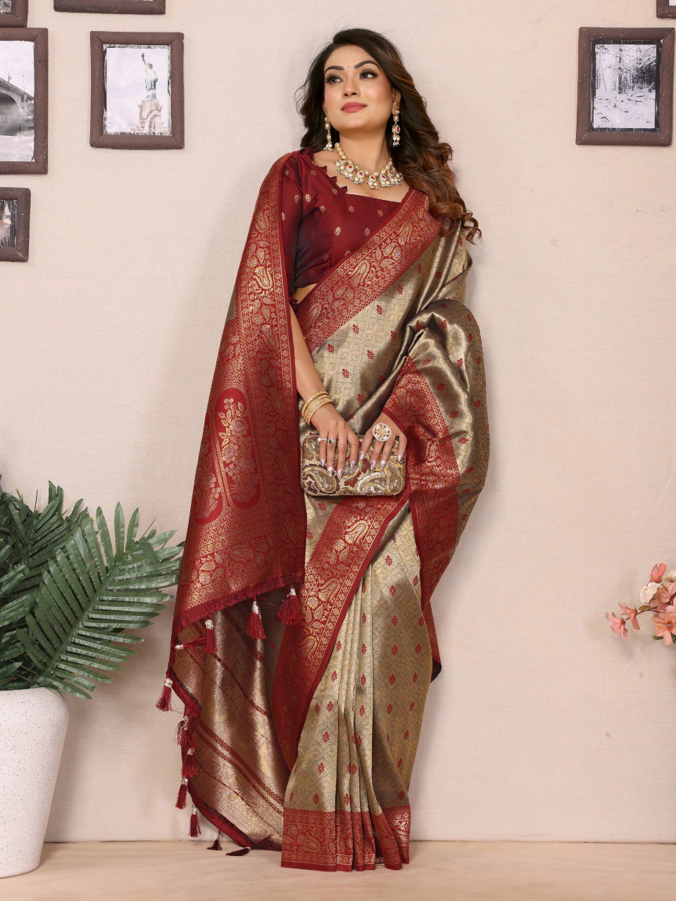 beige tissue silk saree with weaving Zari work