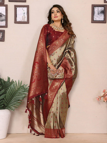 beige tissue silk saree with weaving Zari work