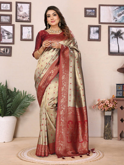 beige tissue silk saree with weaving Zari work