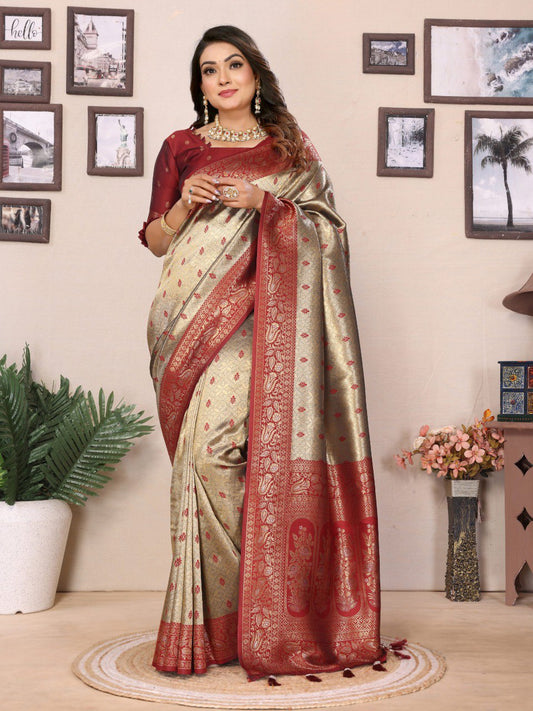 beige tissue silk saree with weaving Zari work