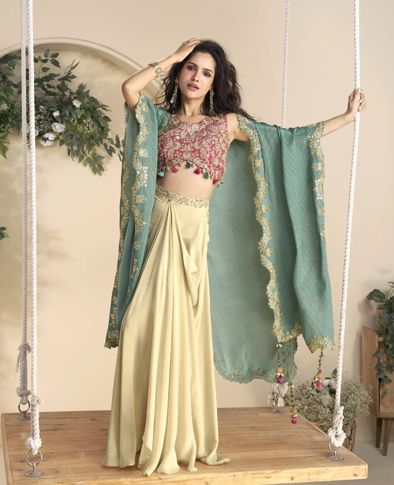 Maroon Chinon Free Size Readymade Shrug Suit with Embroidery Sequence Work (Free Size)