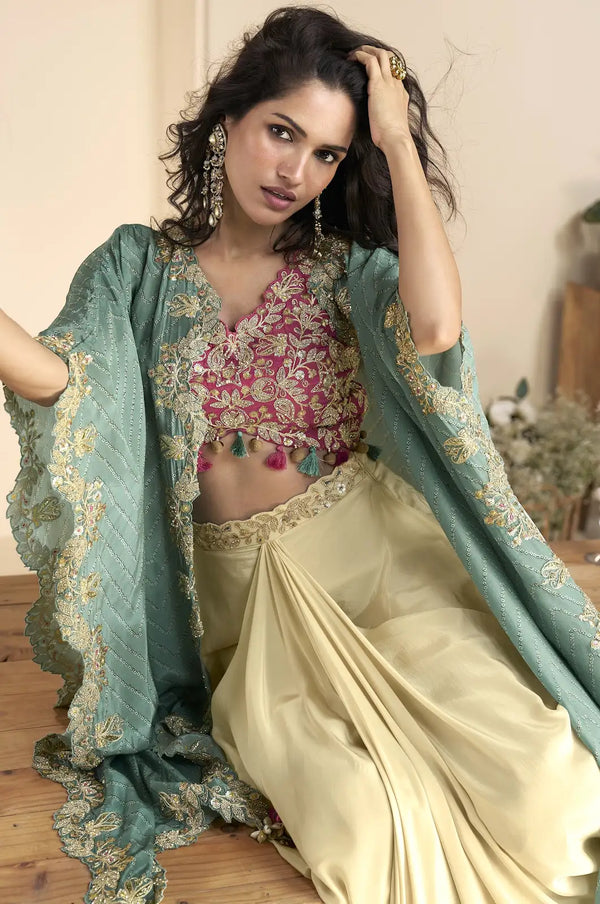 Maroon Chinon Free Size Readymade Shrug Suit with Embroidery Sequence Work (Free Size)
