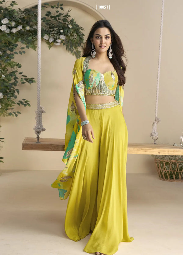 Mustard Chinon Free Size Readymade Shrug Suit with Embroidery Sequence Work (Free Size)