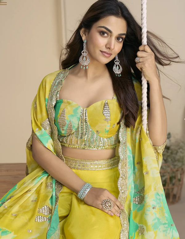 Mustard Chinon Free Size Readymade Shrug Suit with Embroidery Sequence Work (Free Size)