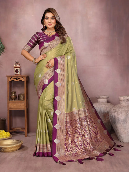 Olive Handloom Kalamkari Silk Saree with Zari Woven Work