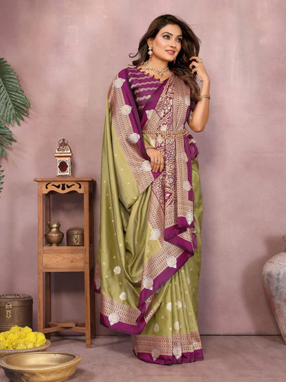 Olive Handloom Kalamkari Silk Saree with Zari Woven Work