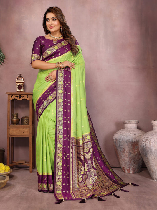 Parrot Handloom Kalamkari Silk Saree with Zari Woven Work