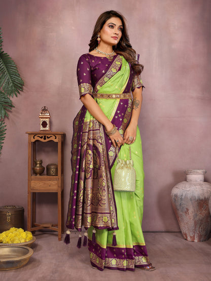Parrot Handloom Kalamkari Silk Saree with Zari Woven Work