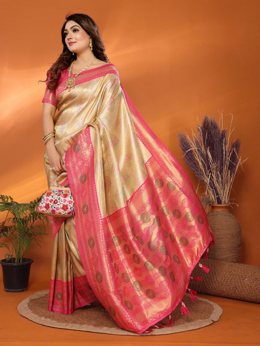 beige banarasi tissue silk saree with weaving work